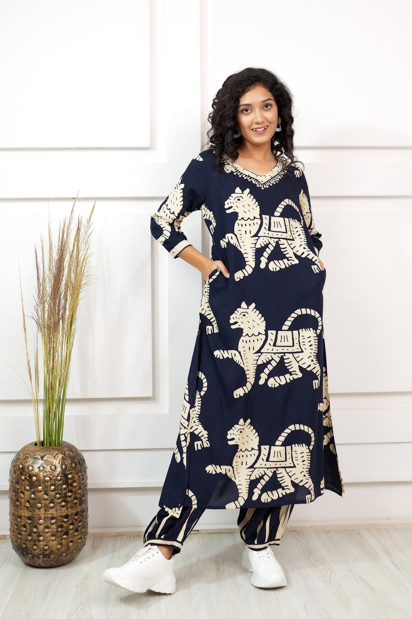 Women's Rayon Navy Blue Straight Ethnic Set - Shop authentic Indian Women's Fashion by Nehamta