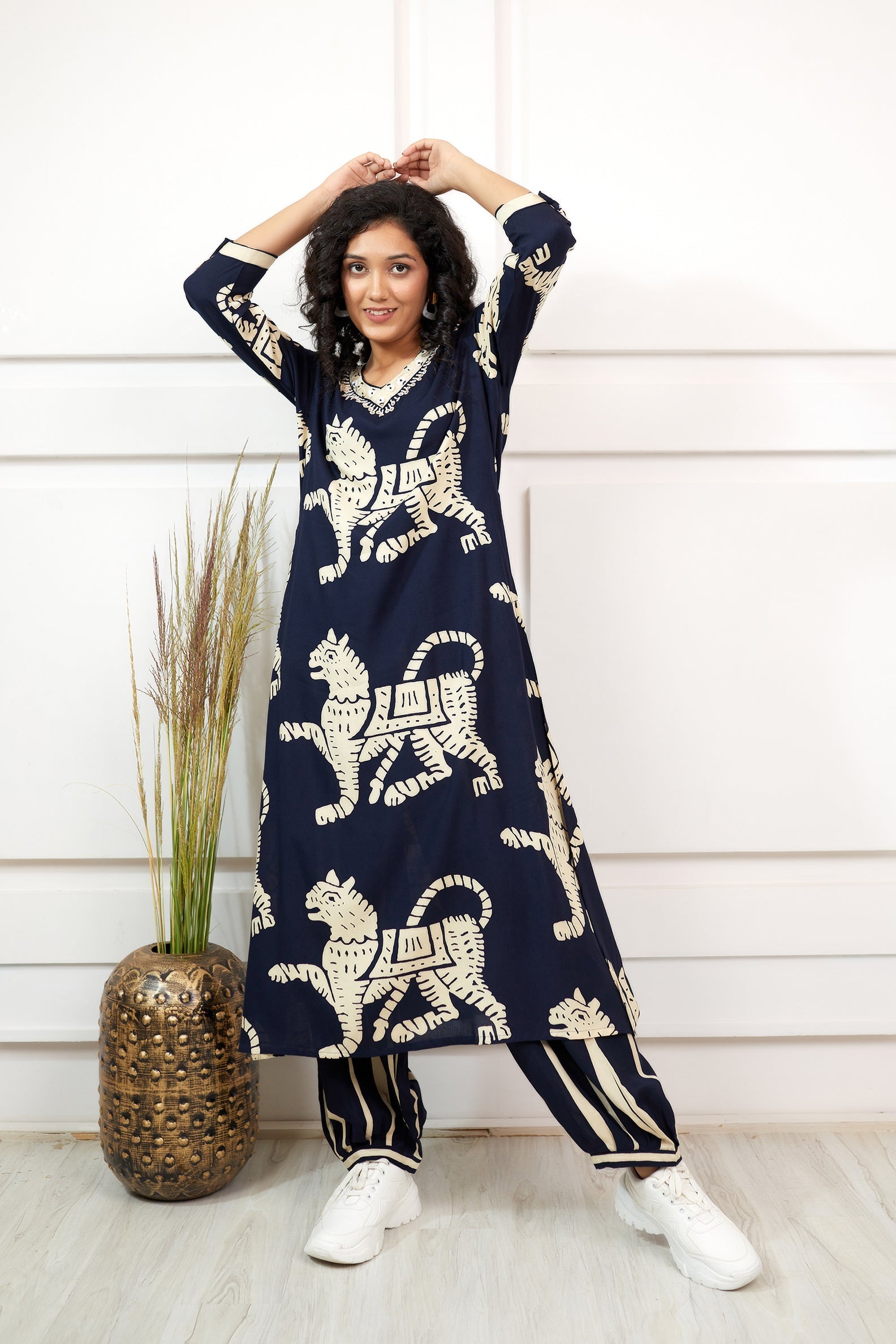 Women's Rayon Navy Blue Straight Ethnic Set - Shop authentic Indian Women's Fashion by Nehamta