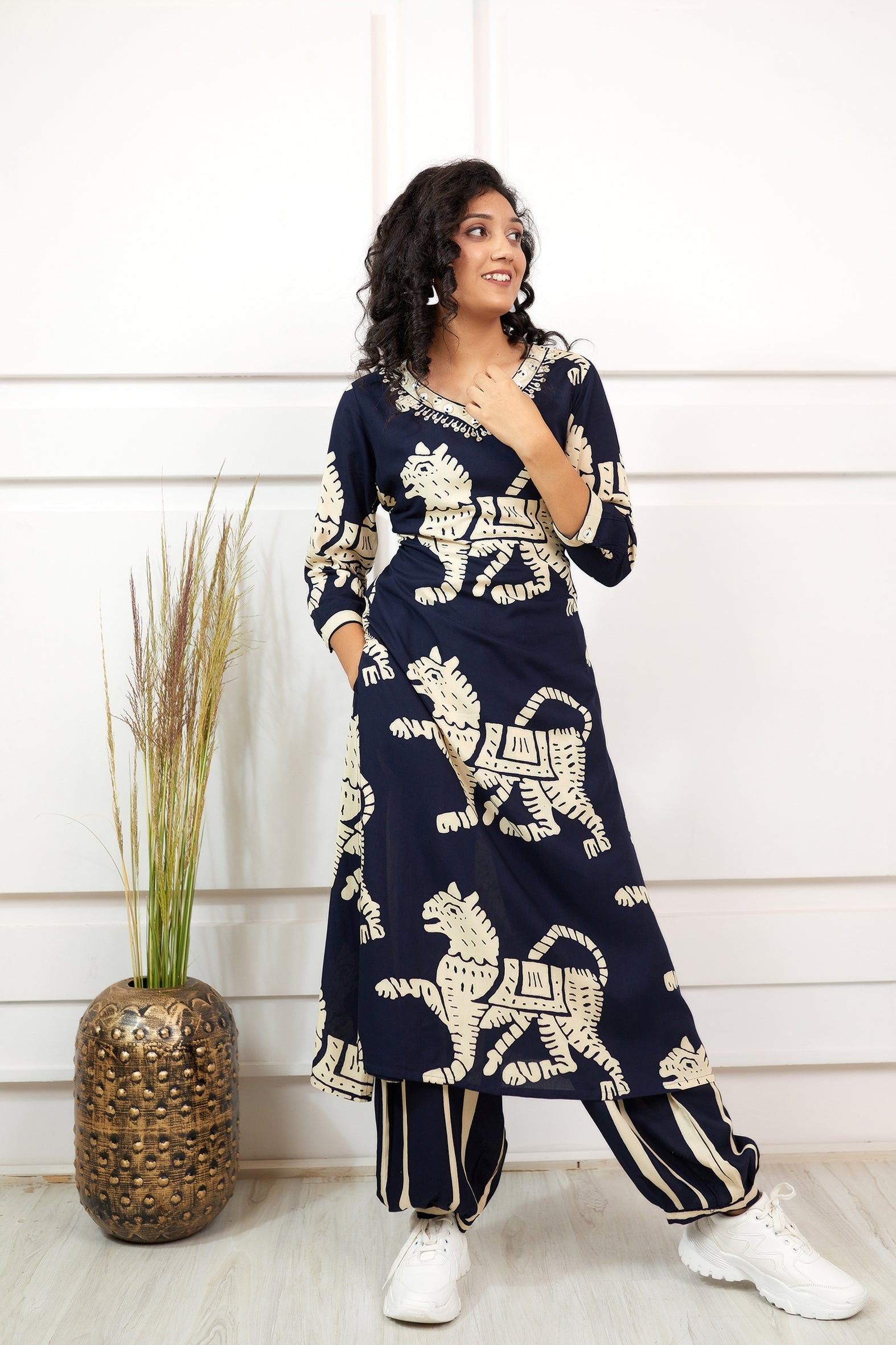 Women's Rayon Navy Blue Straight Ethnic Set - Shop authentic Indian Women's Fashion by Nehamta