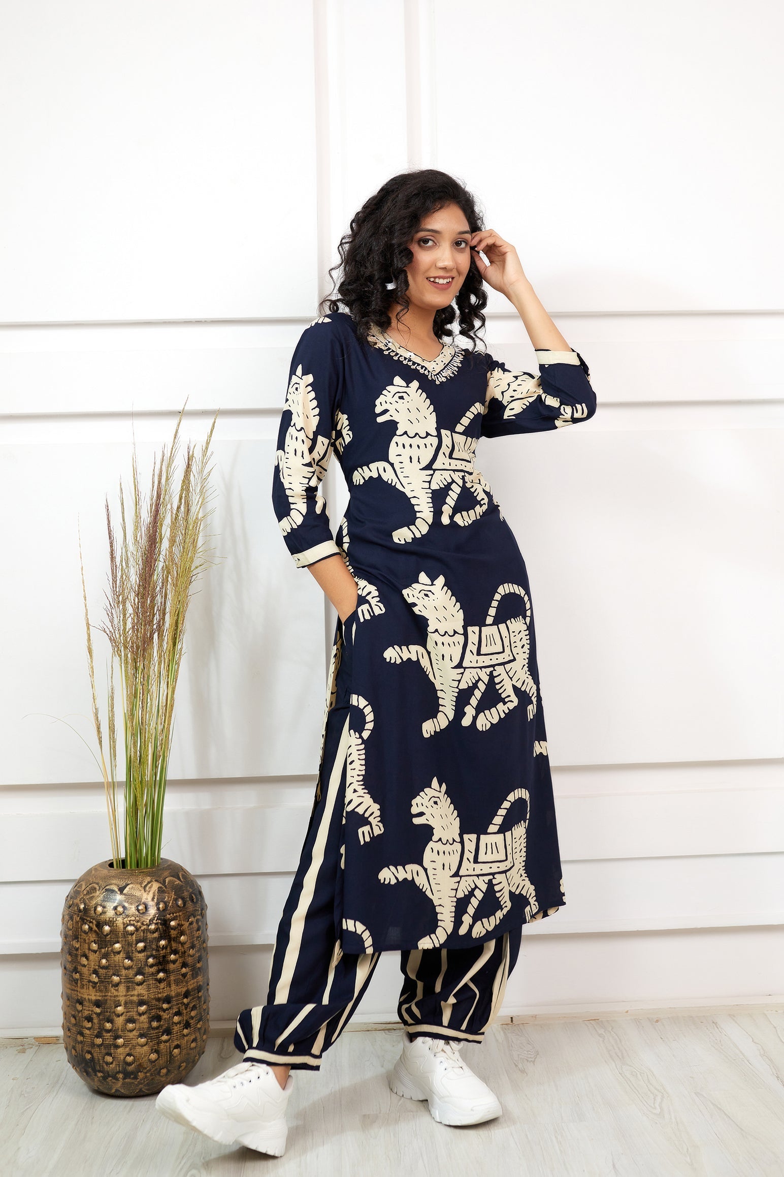 Women's Rayon Navy Blue Straight Ethnic Set - Shop authentic Indian Women's Fashion by Nehamta
