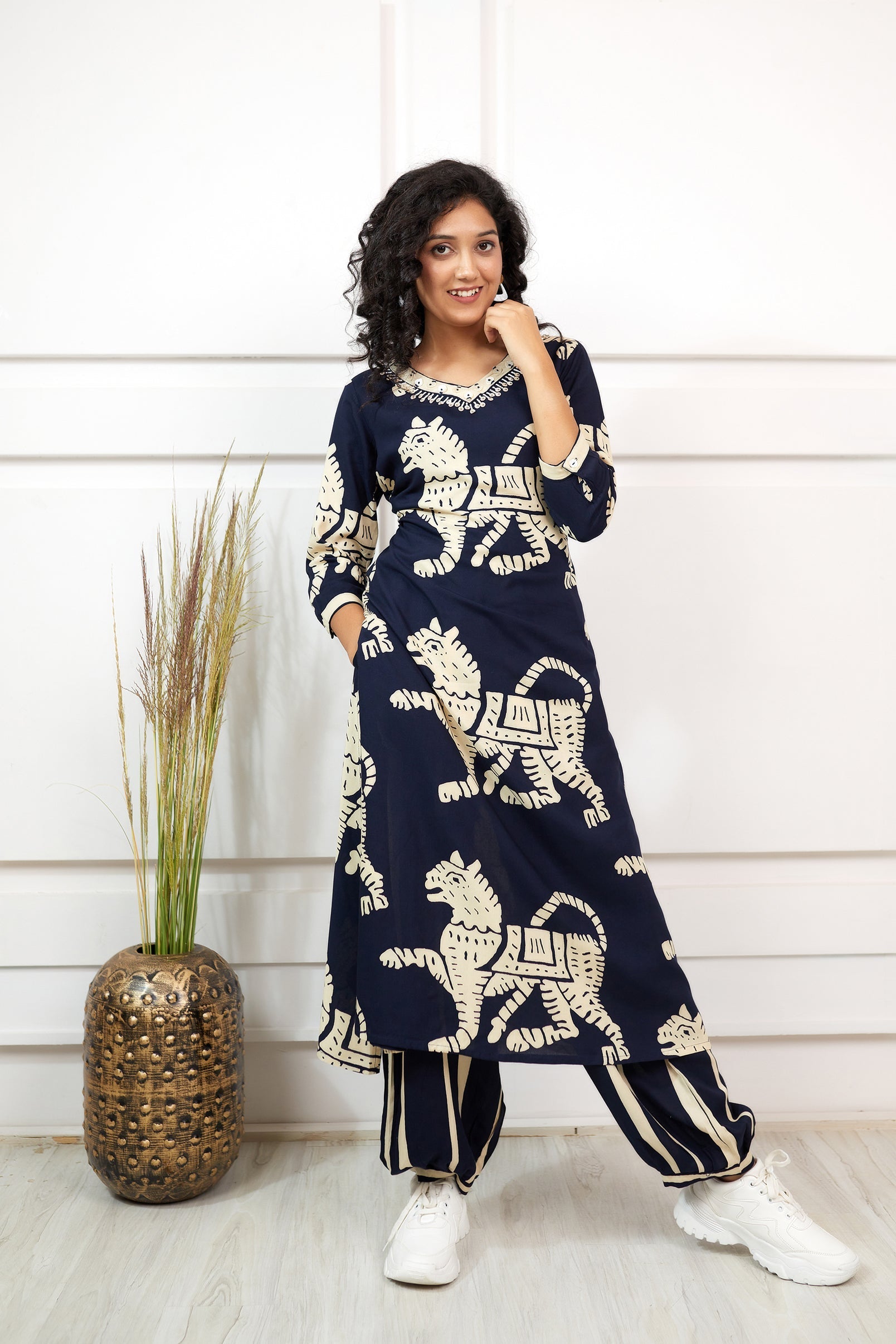 Women's Rayon Navy Blue Straight Ethnic Set - Shop authentic Indian Women's Fashion by Nehamta