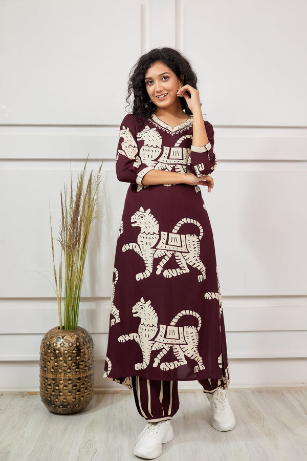 Women's Rayon Maroon Straight Ethnic Set - Shop authentic Indian Women's Fashion by Nehamta