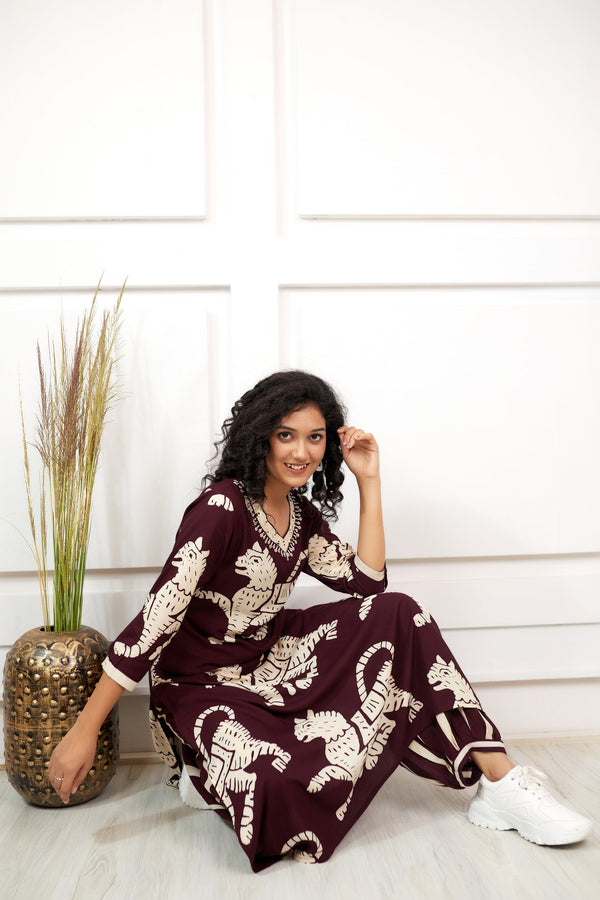 Women's Rayon Maroon Straight Ethnic Set - Shop authentic Indian Women's Fashion by Nehamta