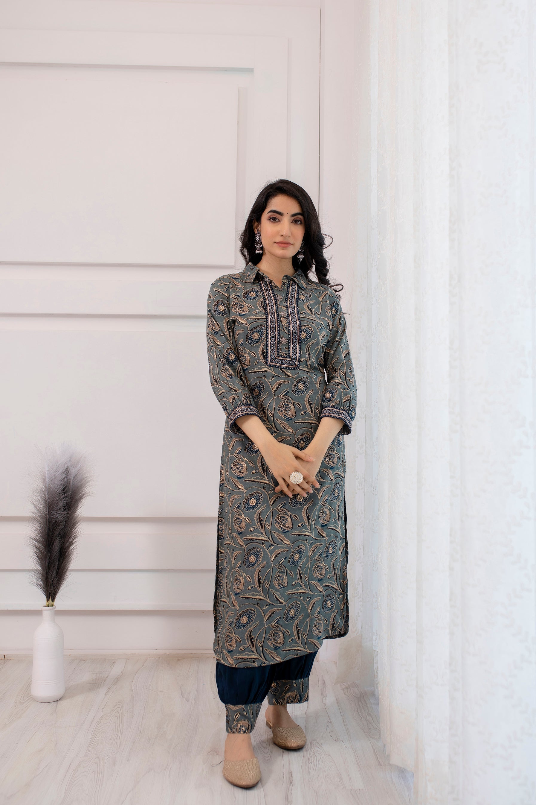 Women's Rayon Grey Straight Kurta & Afghani Salwar Set - Shop authentic Indian Women's Fashion by Nehamta