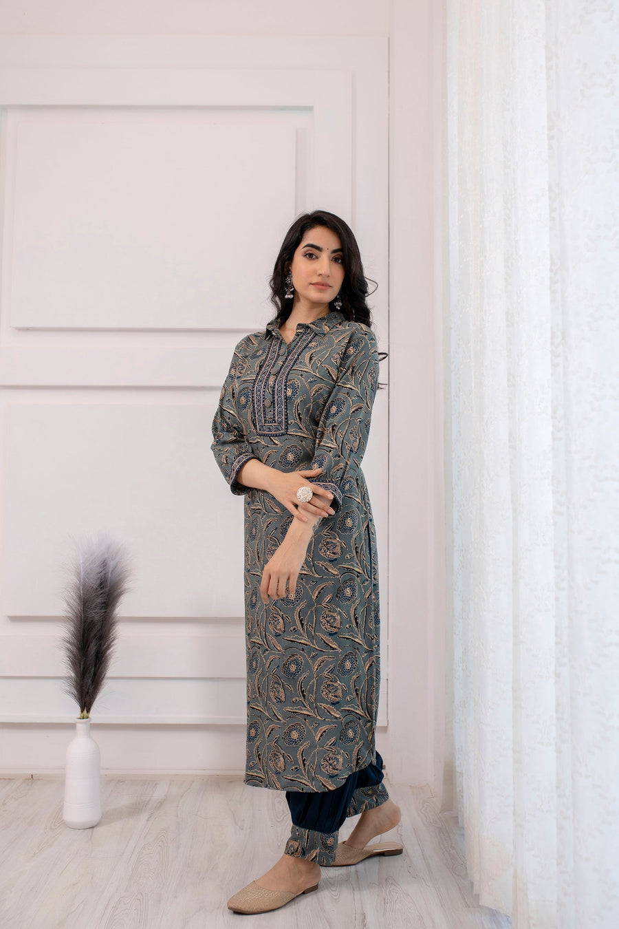 Women's Rayon Grey Straight Kurta & Afghani Salwar Set - Shop authentic Indian Women's Fashion by Nehamta