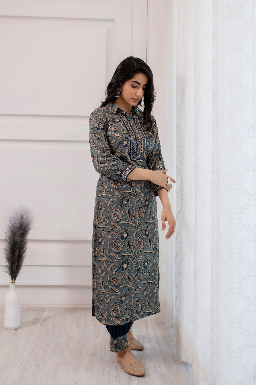 Women's Rayon Grey Straight Kurta & Afghani Salwar Set - Shop authentic Indian Women's Fashion by Nehamta