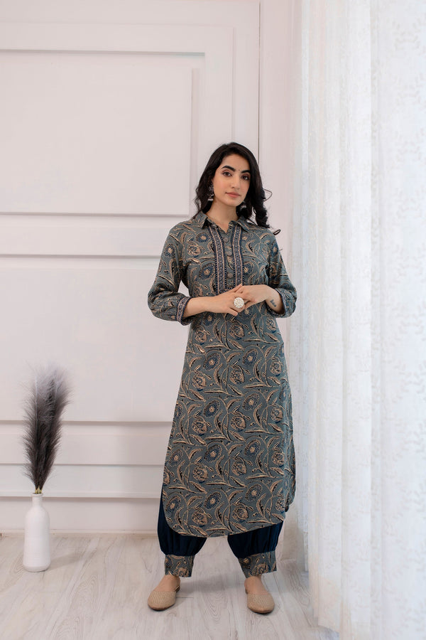 Women's Rayon Grey Straight Kurta & Afghani Salwar Set - Shop authentic Indian Women's Fashion by Nehamta