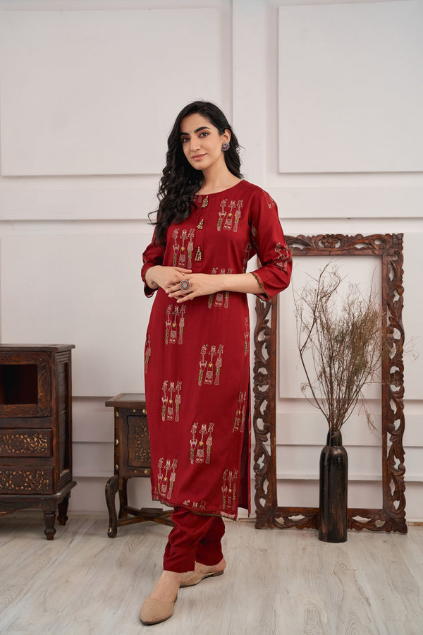 Women's Rayon Red Straight Kurta & Afghani Salwar Set - Shop authentic Indian Women's Fashion by Nehamta