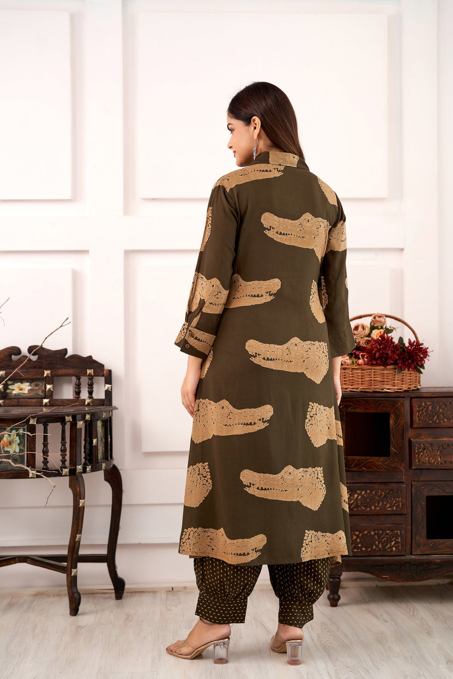 Women's Rayon Olive Green Straight Kurta and Afghani Salwar Set - Shop authentic Indian Women's Fashion by Nehamta