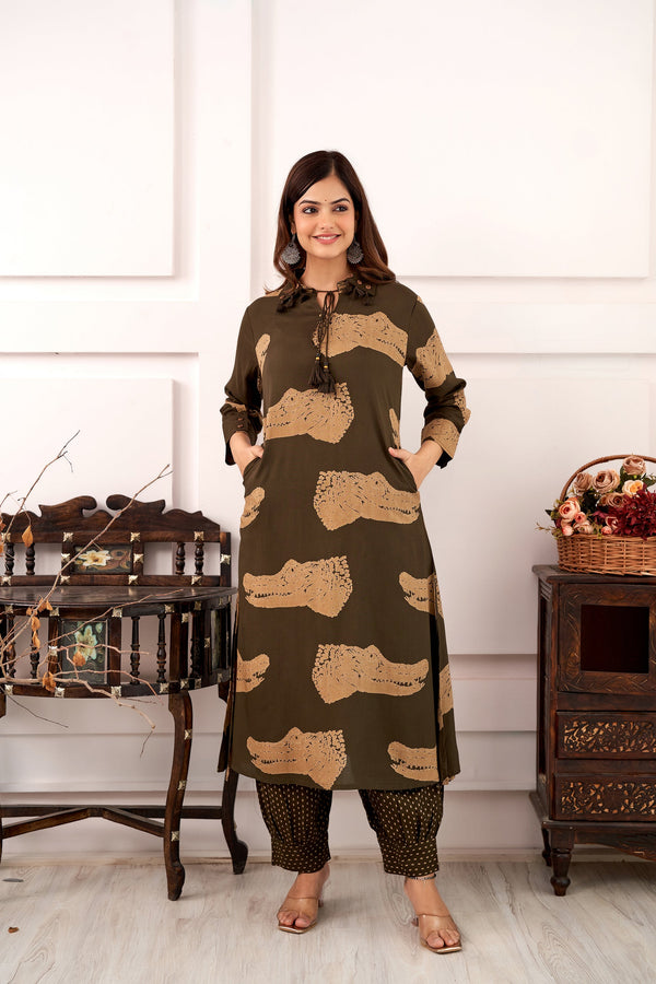 Women's Rayon Olive Green Straight Kurta and Afghani Salwar Set - Shop authentic Indian Women's Fashion by Nehamta