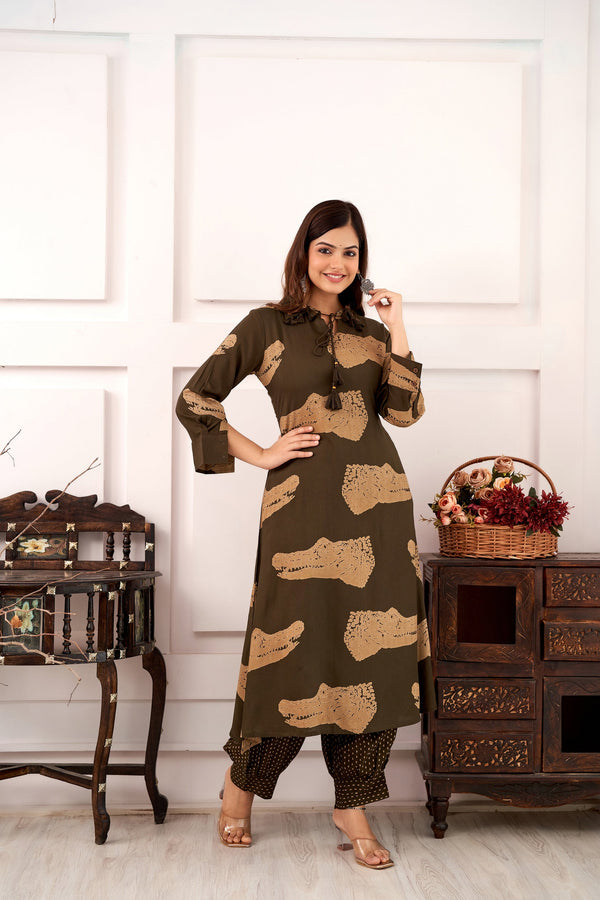 Women's Rayon Olive Green Straight Kurta and Afghani Salwar Set - Shop authentic Indian Women's Fashion by Nehamta