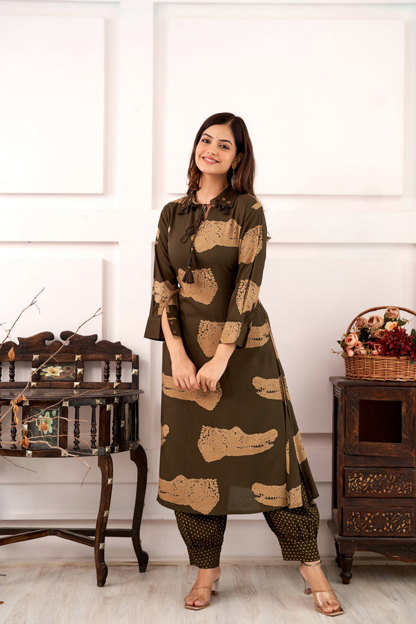 Women's Rayon Olive Green Straight Kurta and Afghani Salwar Set - Shop authentic Indian Women's Fashion by Nehamta