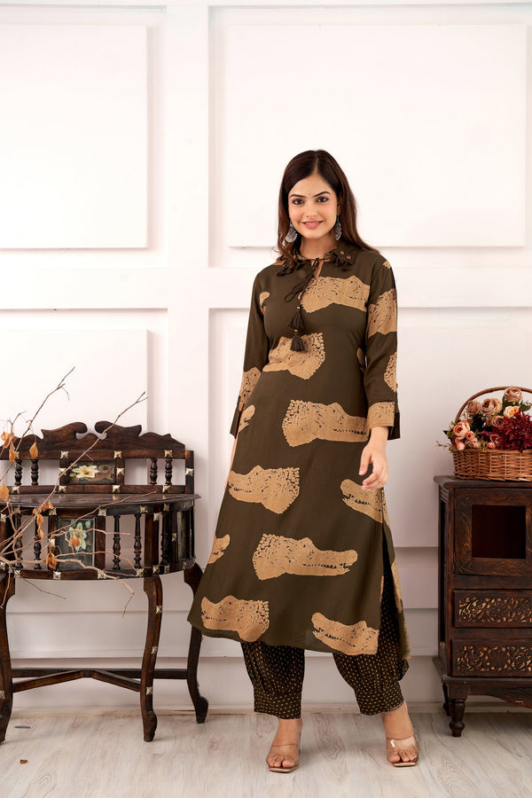 Women's Rayon Olive Green Straight Kurta and Afghani Salwar Set - Shop authentic Indian Women's Fashion by Nehamta