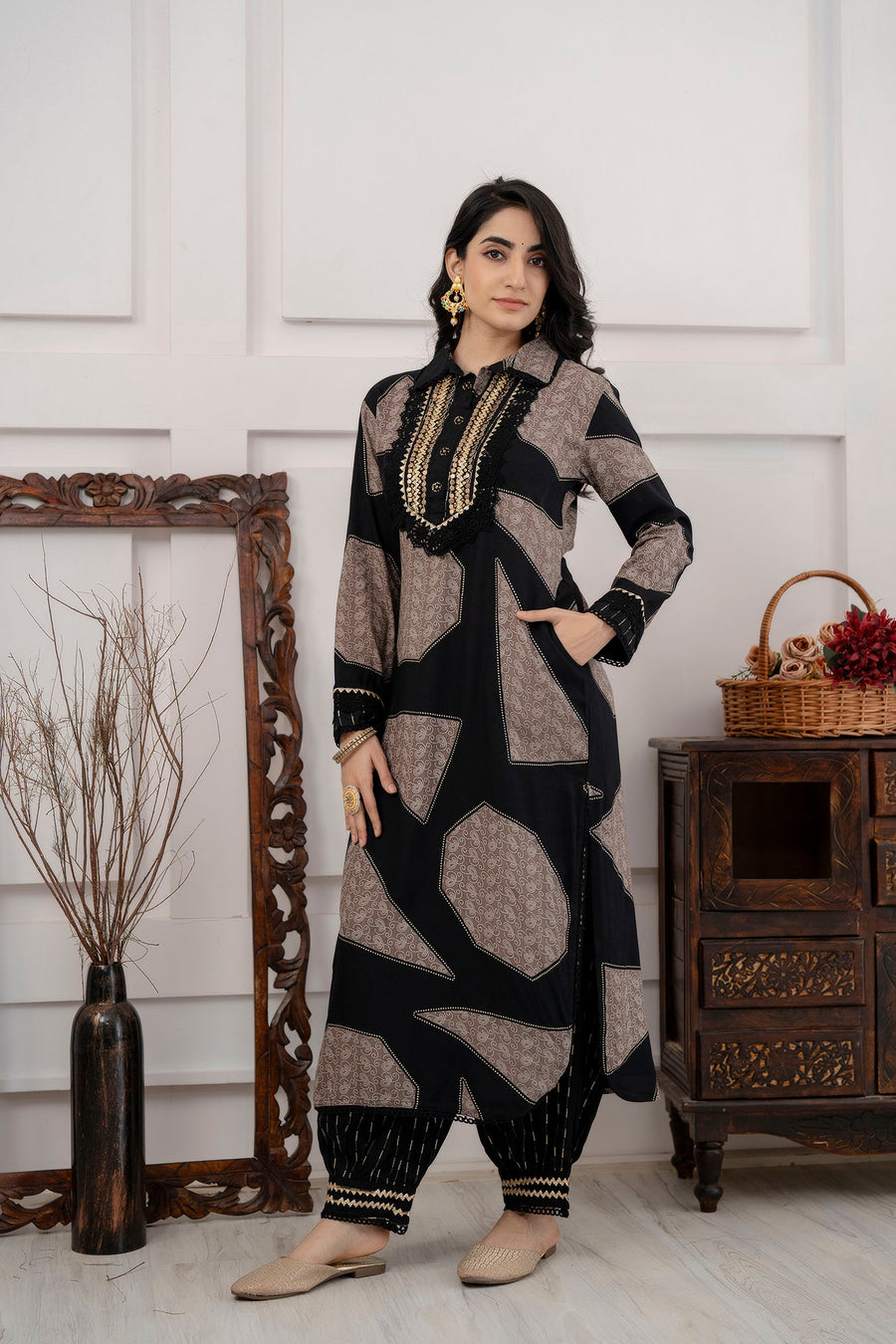 Women's Black Straight Kurta and Afghani Salwar Set - Shop authentic Indian Women's Fashion by Nehamta