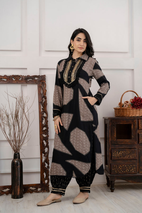 Women's Black Straight Kurta and Afghani Salwar Set - Shop authentic Indian Women's Fashion by Nehamta