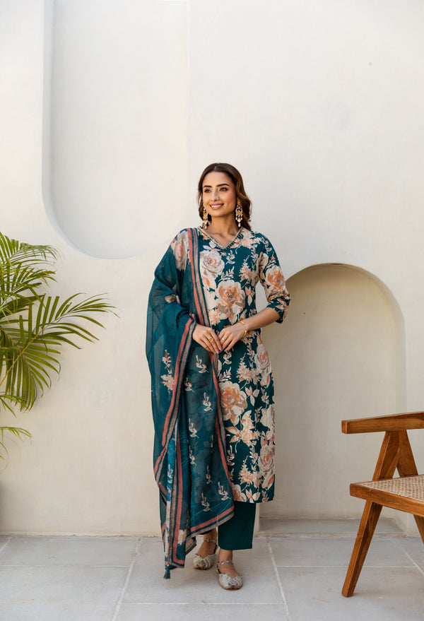 Women's Green Cotton Kurta, Pant  and Dupatta Set - Shop authentic Indian Women's Fashion by Nehamta