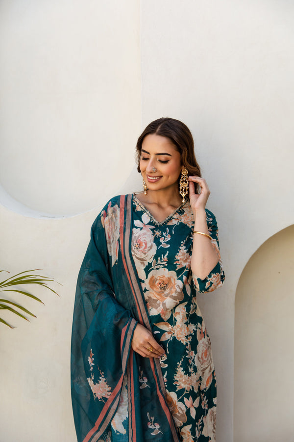 Women's Green Cotton Kurta, Pant  and Dupatta Set - Shop authentic Indian Women's Fashion by Nehamta