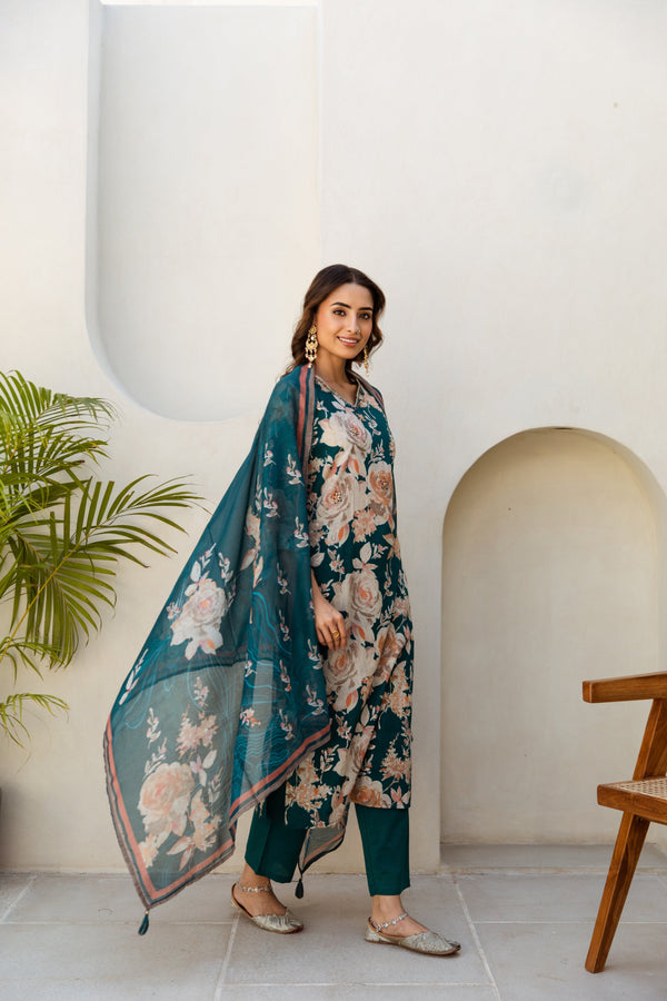 Women's Green Cotton Kurta, Pant  and Dupatta Set - Shop authentic Indian Women's Fashion by Nehamta