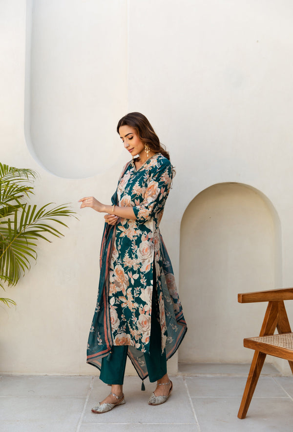 Women's Green Cotton Kurta, Pant  and Dupatta Set - Shop authentic Indian Women's Fashion by Nehamta