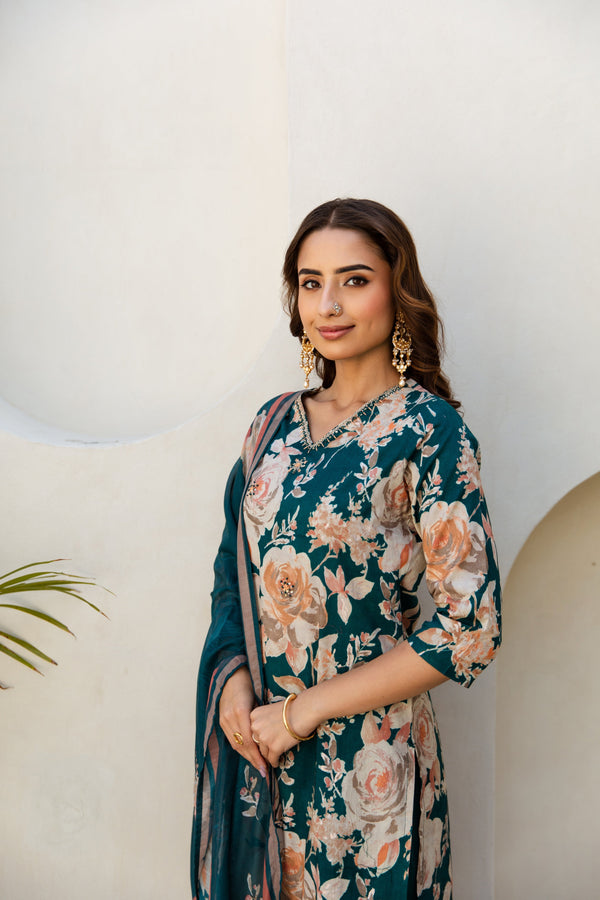 Women's Green Cotton Kurta, Pant  and Dupatta Set - Shop authentic Indian Women's Fashion by Nehamta