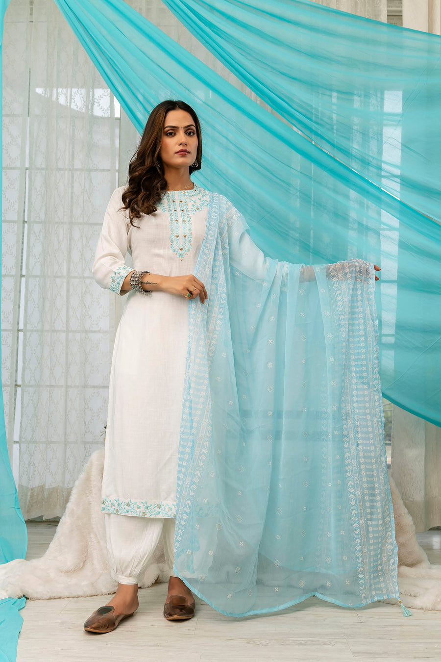 Women's White Rayon Kurta Afghani Salwarand Dupatta Set - Shop authentic Indian Women's Fashion by Nehamta