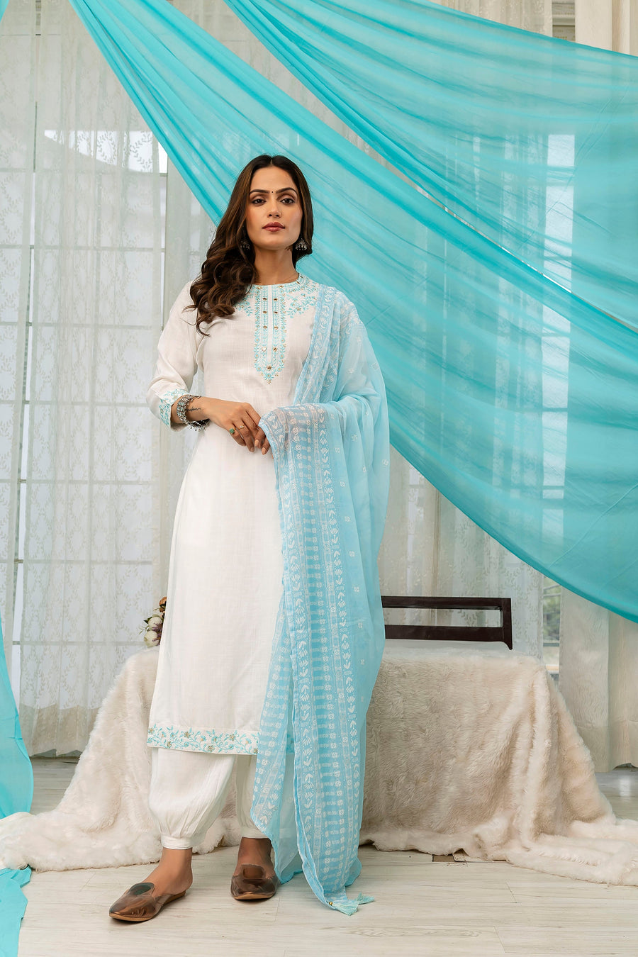 Women's White Rayon Kurta Afghani Salwarand Dupatta Set - Shop authentic Indian Women's Fashion by Nehamta