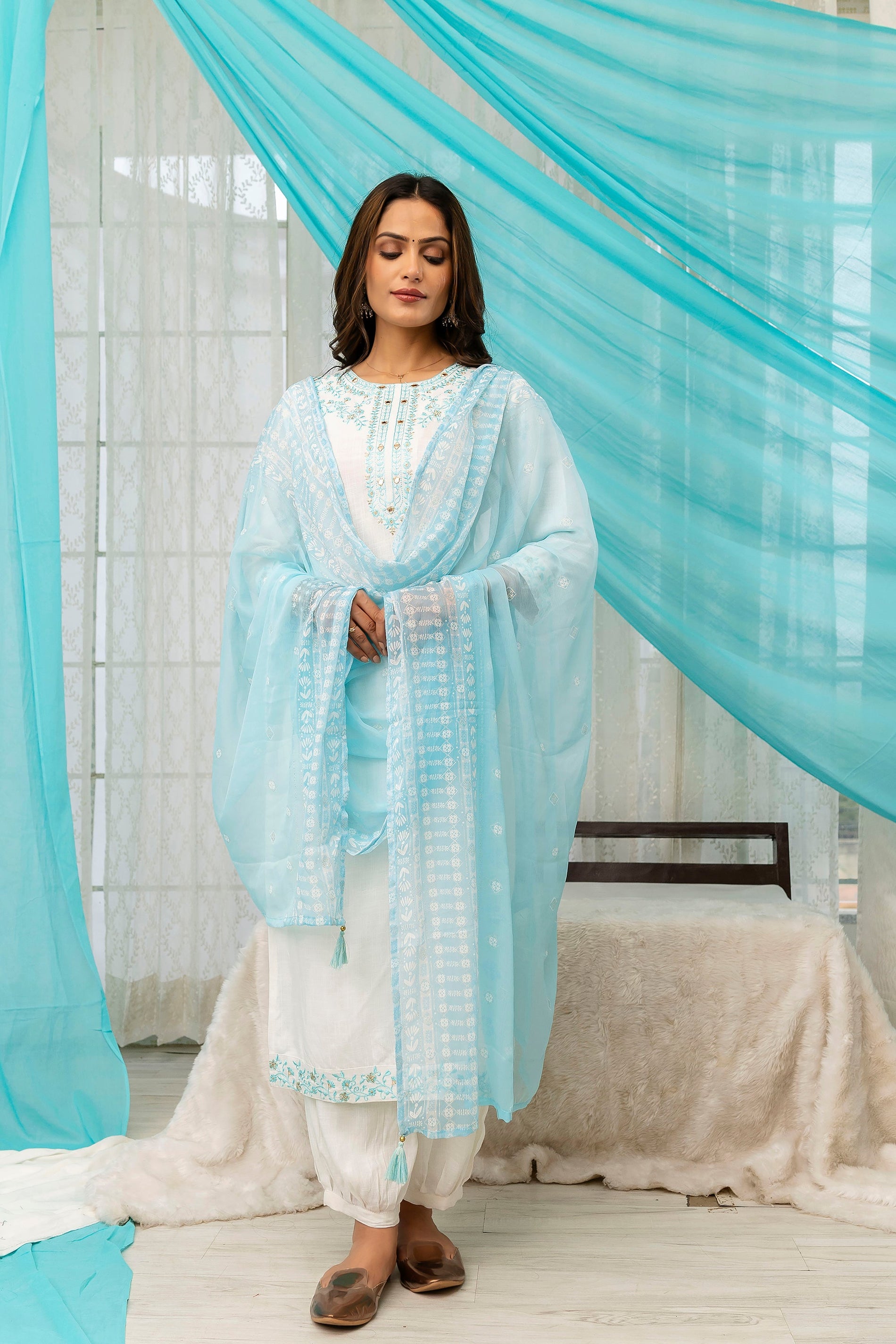 Women's White Rayon Kurta Afghani Salwarand Dupatta Set - Shop authentic Indian Women's Fashion by Nehamta