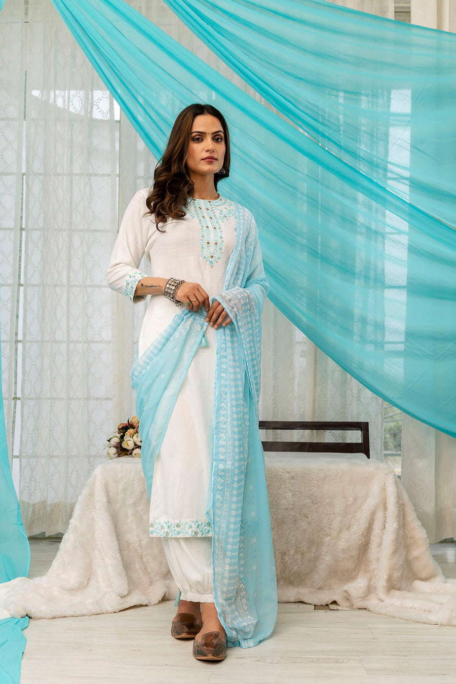 Women's White Rayon Kurta Afghani Salwarand Dupatta Set - Shop authentic Indian Women's Fashion by Nehamta