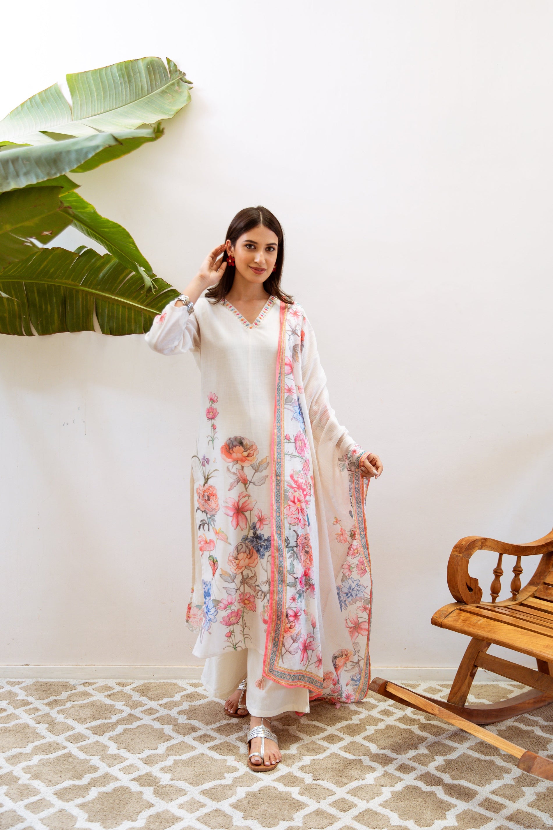 Women's Cream Linen Kurta, Palazzo & Dupatta Set - Shop authentic Indian Women's Fashion by Nehamta