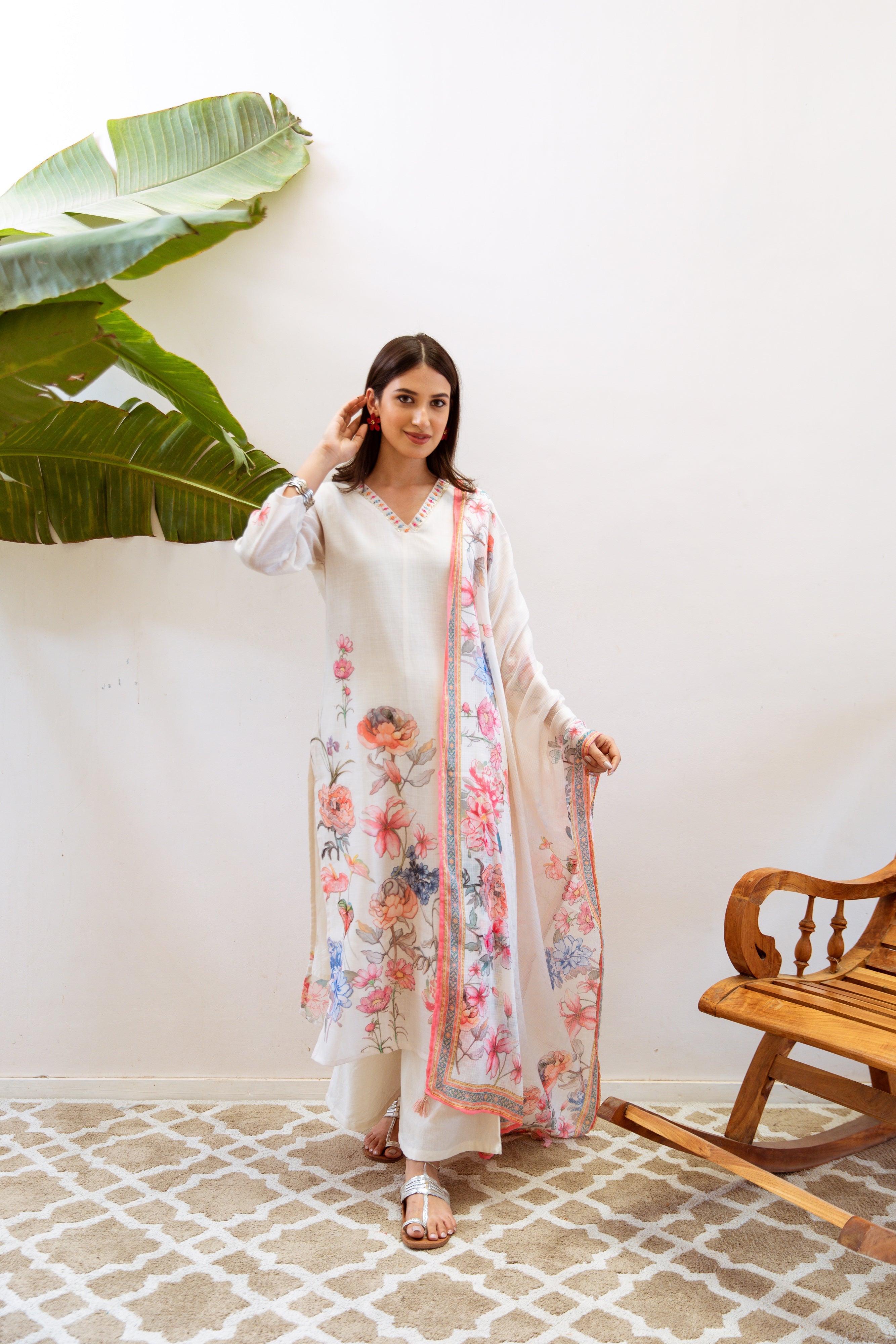 Women's Cream Linen Kurta, Palazzo & Dupatta Set - Shop authentic Indian Women's Fashion by Nehamta