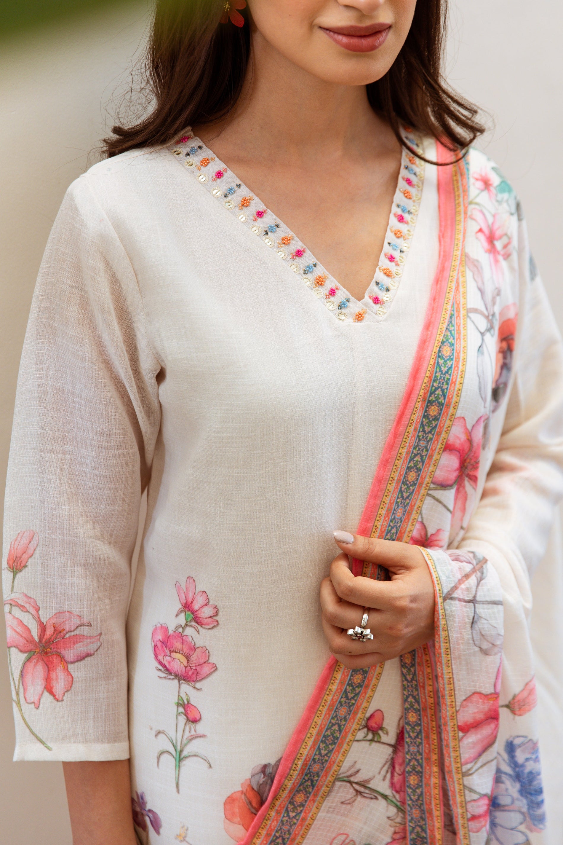 Women's Cream Linen Kurta, Palazzo & Dupatta Set - Shop authentic Indian Women's Fashion by Nehamta