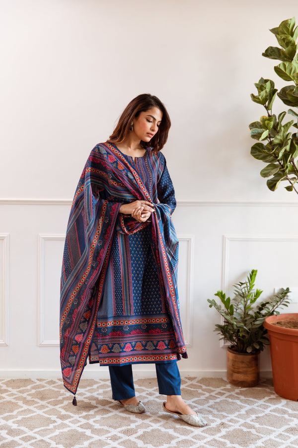 Women's Blue Maslin Kurta, Pant & Dupatta Set - Shop authentic Indian Women's Fashion by Nehamta