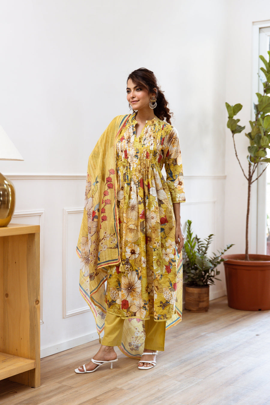 Women's Yellow Cotton Kurta, Pant & Dupatta Set - Shop authentic Indian Women's Fashion by Nehamta