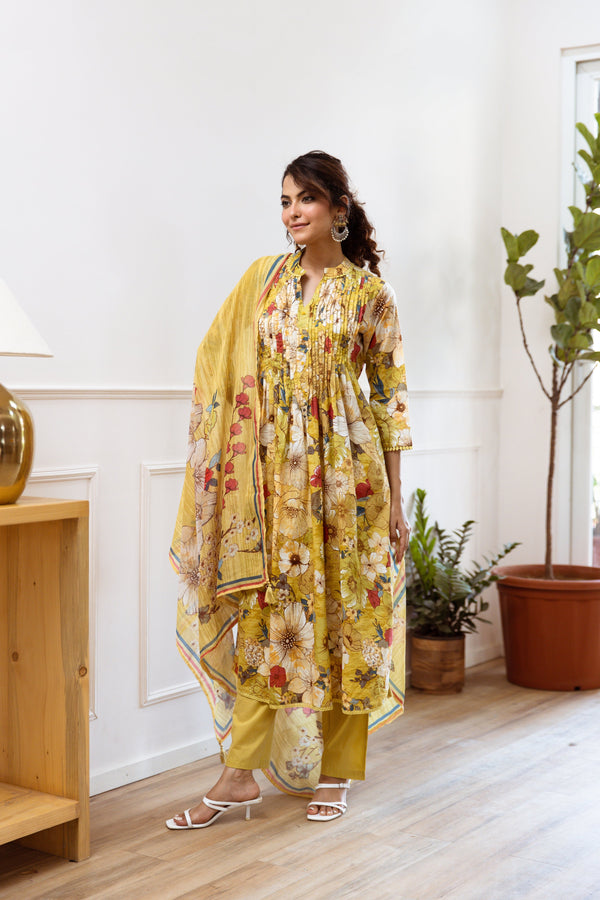 Women's Yellow Cotton Kurta, Pant & Dupatta Set - Shop authentic Indian Women's Fashion by Nehamta