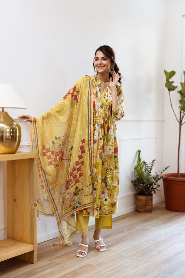 Women's Yellow Cotton Kurta, Pant & Dupatta Set - Shop authentic Indian Women's Fashion by Nehamta