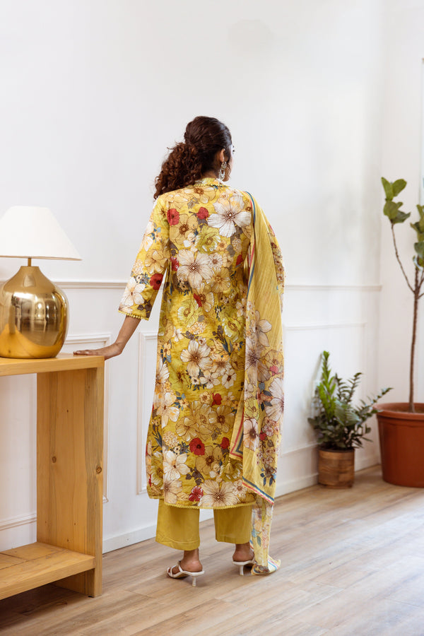 Women's Yellow Cotton Kurta, Pant & Dupatta Set - Shop authentic Indian Women's Fashion by Nehamta