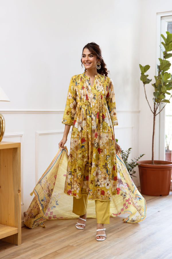 Women's Yellow Cotton Kurta, Pant & Dupatta Set - Shop authentic Indian Women's Fashion by Nehamta