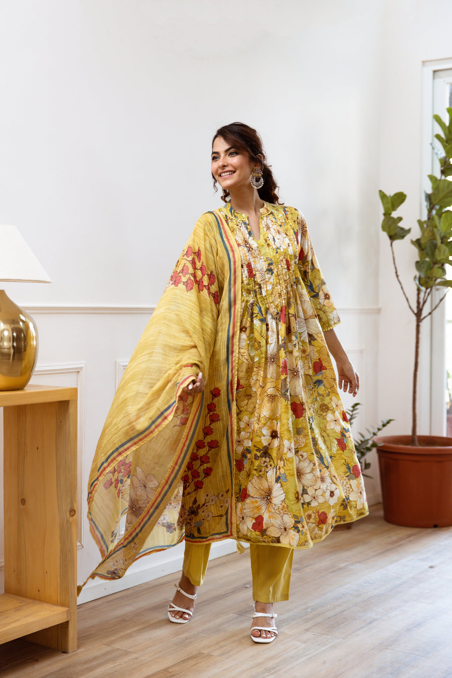 Women's Yellow Cotton Kurta, Pant & Dupatta Set - Shop authentic Indian Women's Fashion by Nehamta