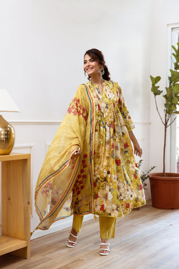 Women's Yellow Cotton Kurta, Pant & Dupatta Set - Shop authentic Indian Women's Fashion by Nehamta