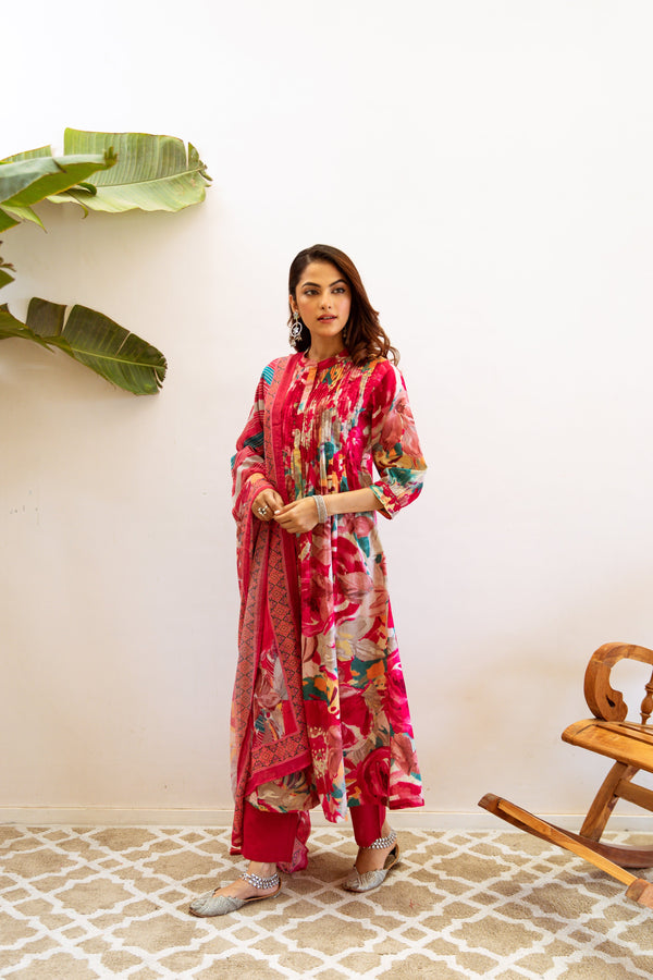 Women's Rani Pink Cotton Kurta, Pant & Dupatta Set - Shop authentic Indian Women's Fashion by Nehamta