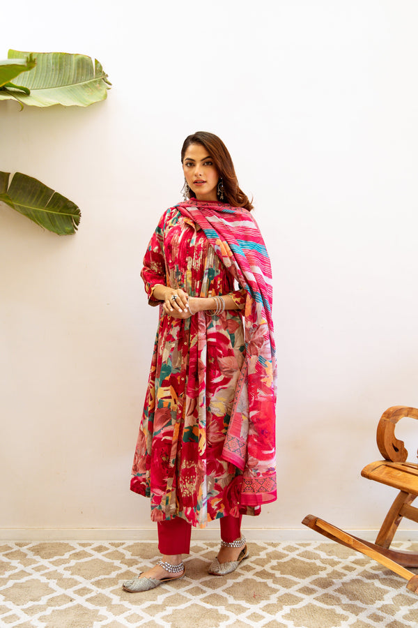 Women's Rani Pink Cotton Kurta, Pant & Dupatta Set - Shop authentic Indian Women's Fashion by Nehamta