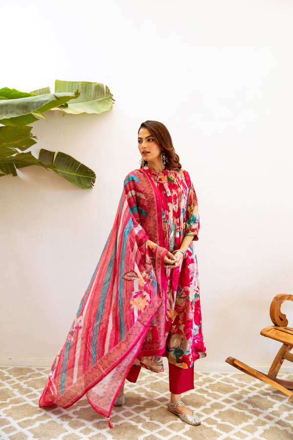 Women's Rani Pink Cotton Kurta, Pant & Dupatta Set - Shop authentic Indian Women's Fashion by Nehamta