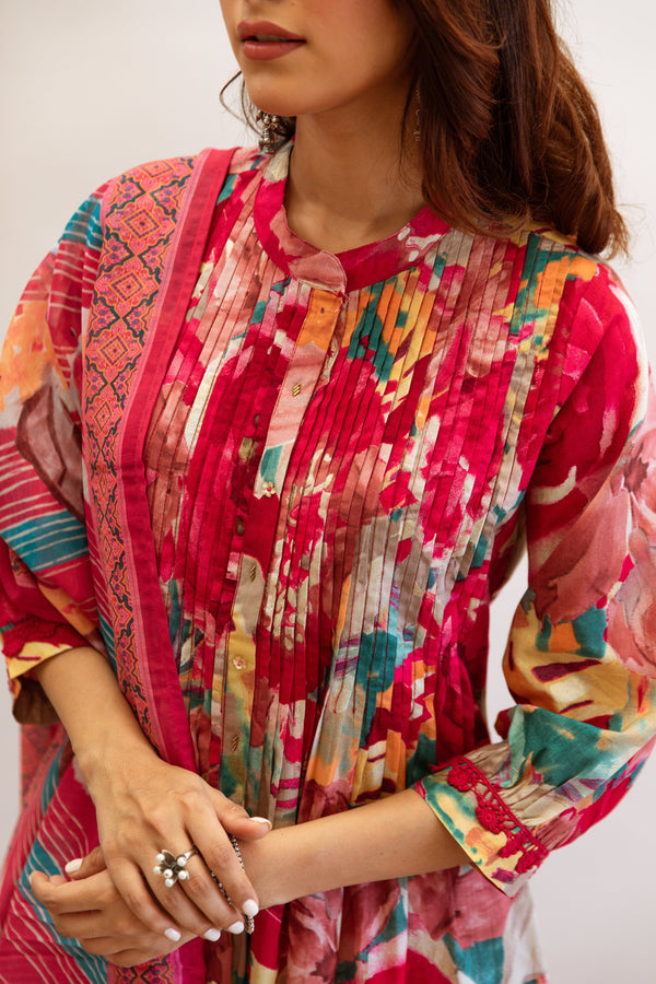 Women's Rani Pink Cotton Kurta, Pant & Dupatta Set - Shop authentic Indian Women's Fashion by Nehamta