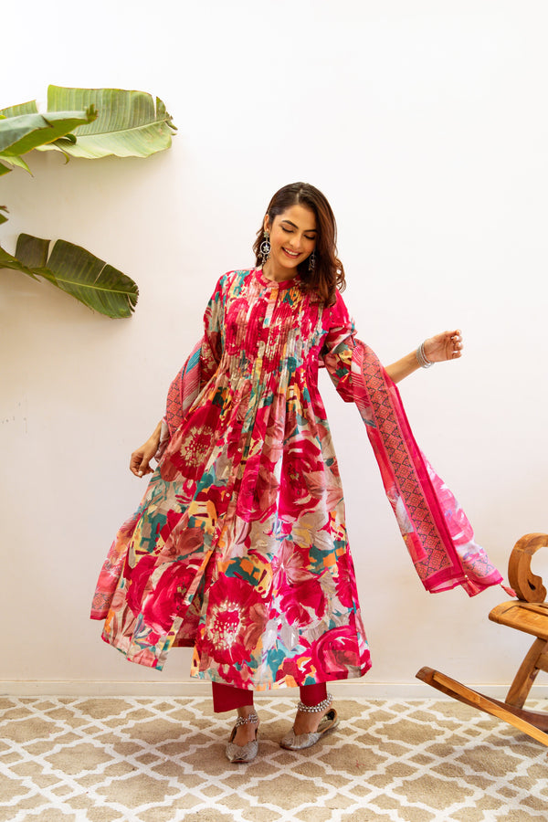 Women's Rani Pink Cotton Kurta, Pant & Dupatta Set - Shop authentic Indian Women's Fashion by Nehamta