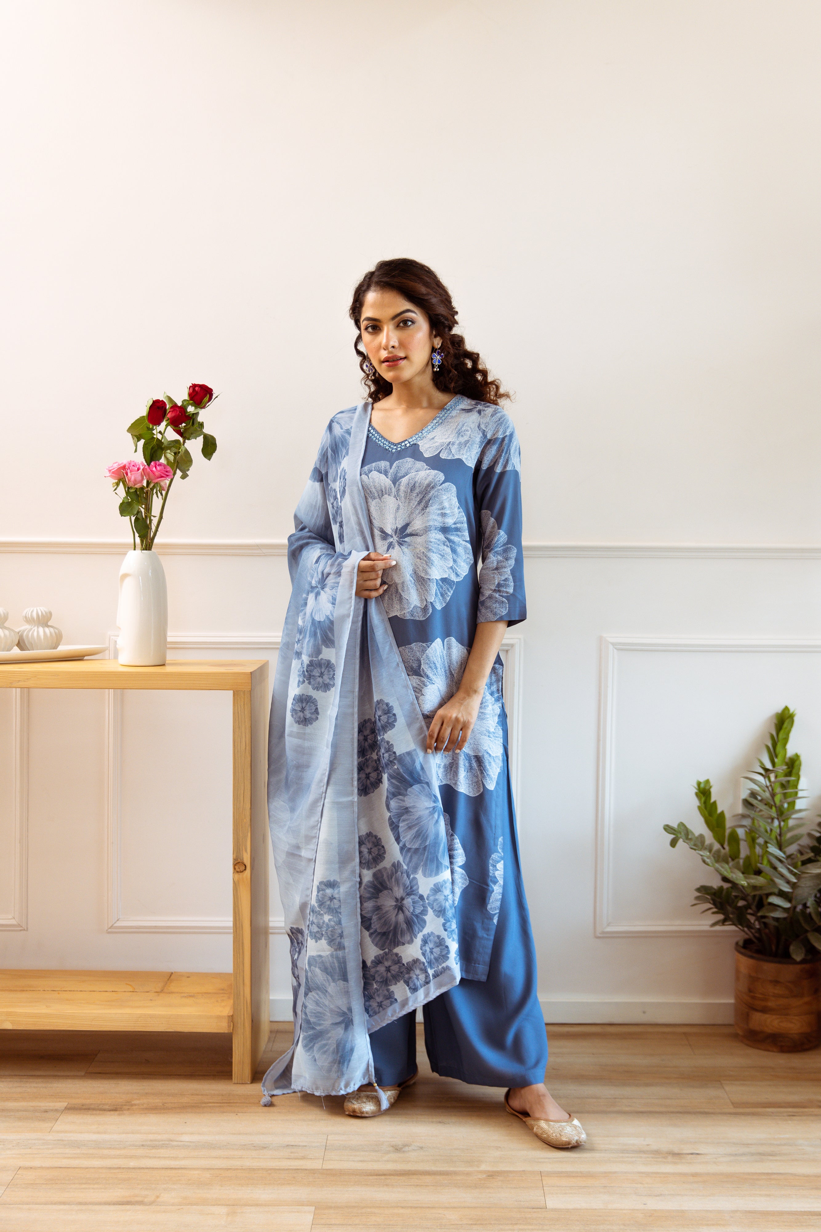 Women's Air Force Blue Rayon Kurta, Palazzo & Dupatta Set - Shop authentic Indian Women's Fashion by Nehamta