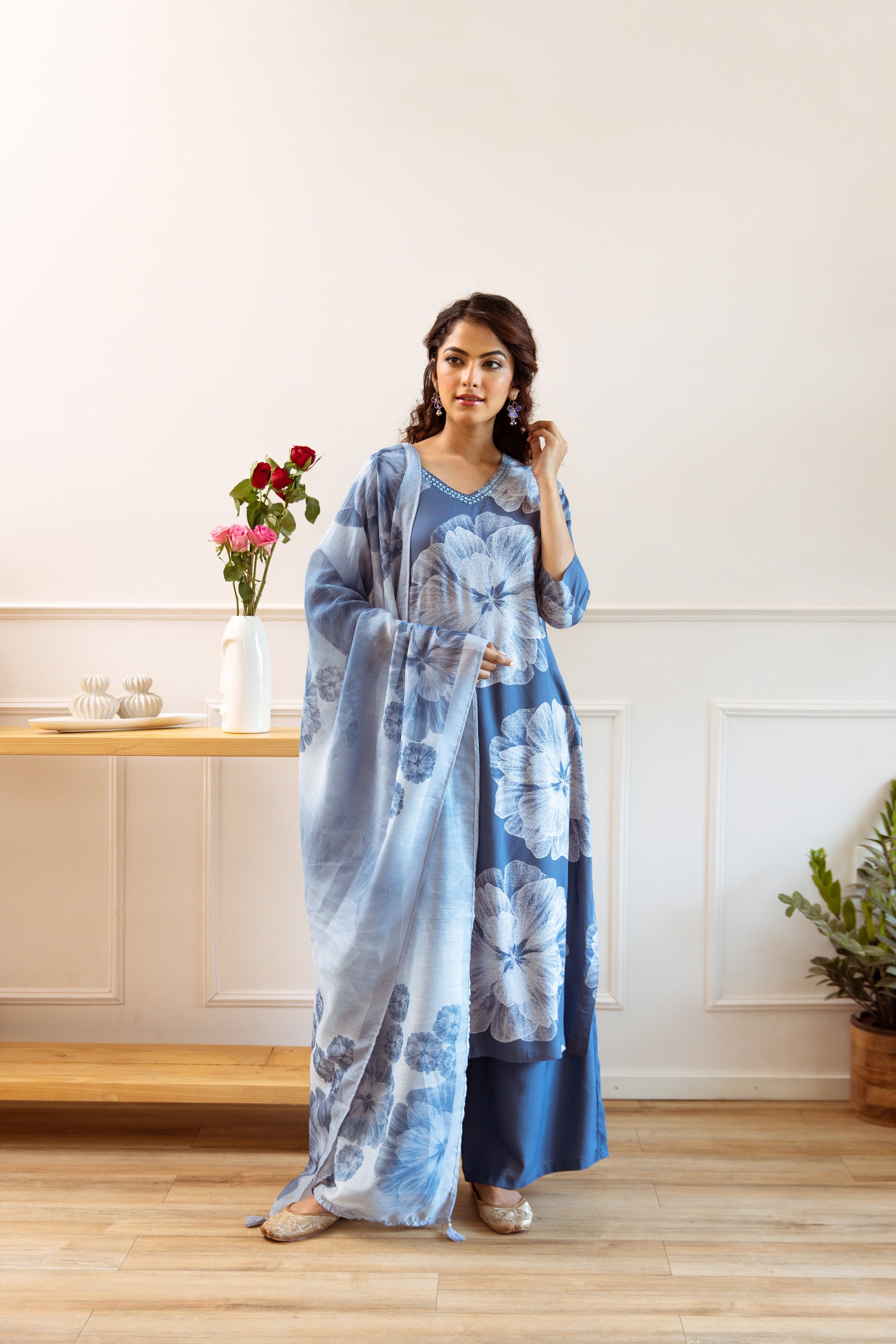 Women's Air Force Blue Rayon Kurta, Palazzo & Dupatta Set - Shop authentic Indian Women's Fashion by Nehamta
