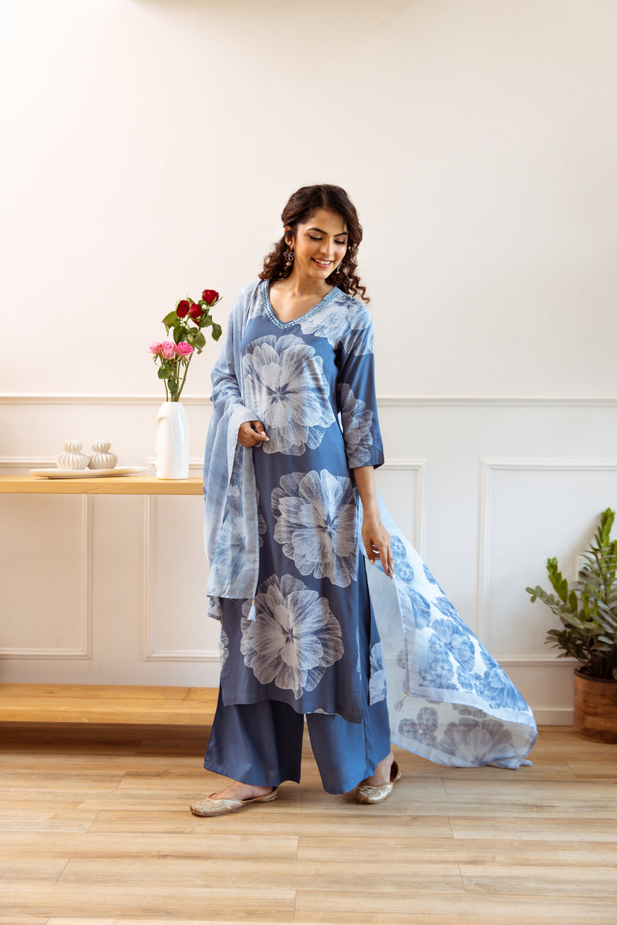 Women's Air Force Blue Rayon Kurta, Palazzo & Dupatta Set - Shop authentic Indian Women's Fashion by Nehamta