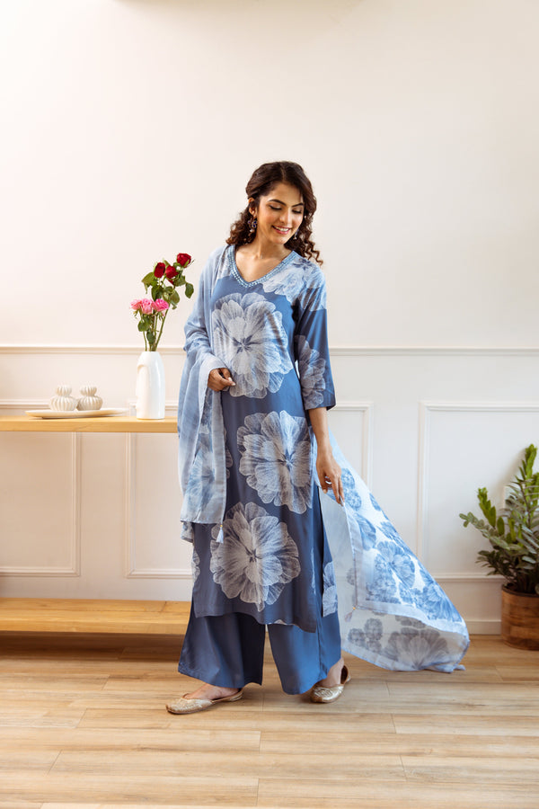 Women's Air Force Blue Rayon Kurta, Palazzo & Dupatta Set - Shop authentic Indian Women's Fashion by Nehamta