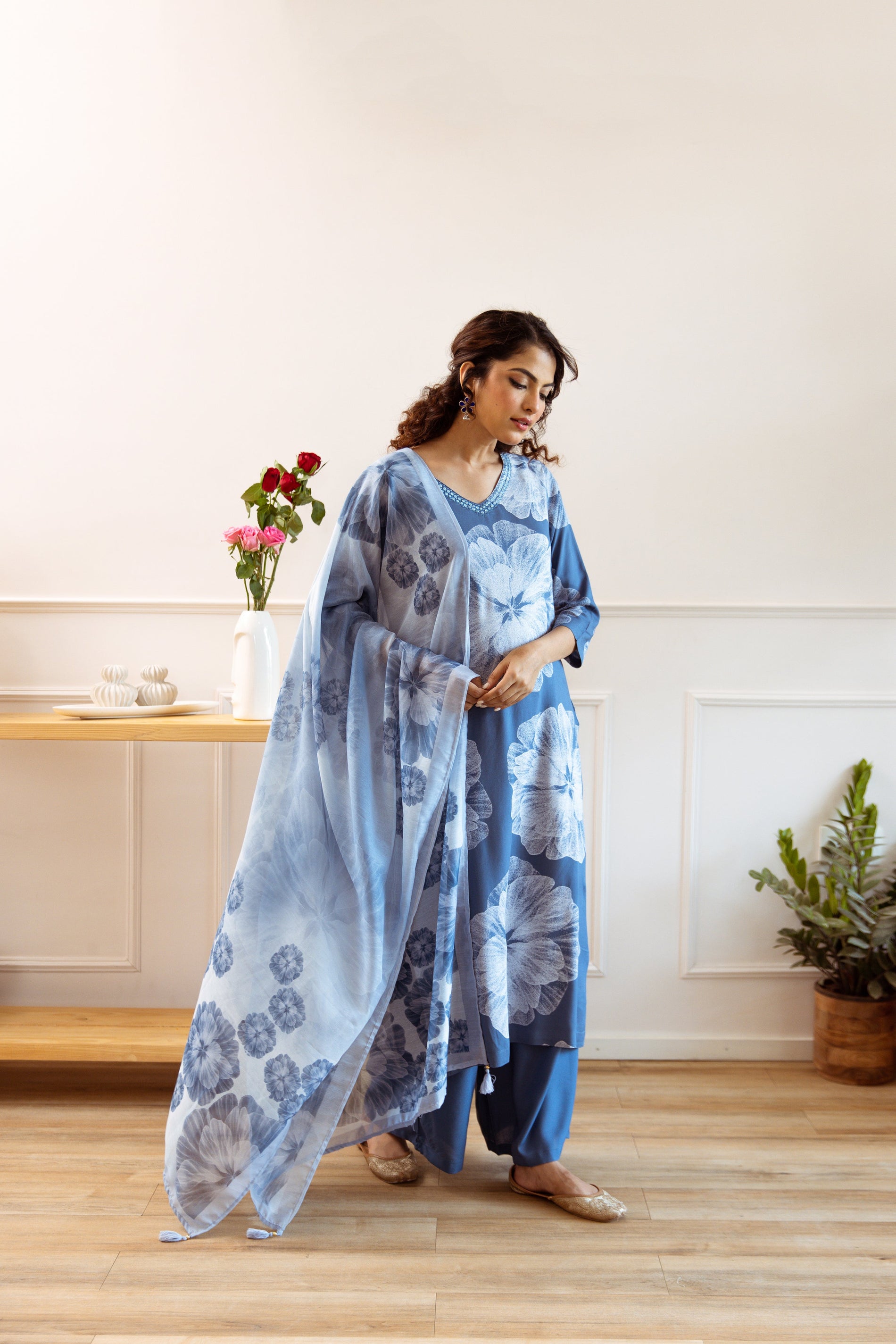 Women's Air Force Blue Rayon Kurta, Palazzo & Dupatta Set - Shop authentic Indian Women's Fashion by Nehamta