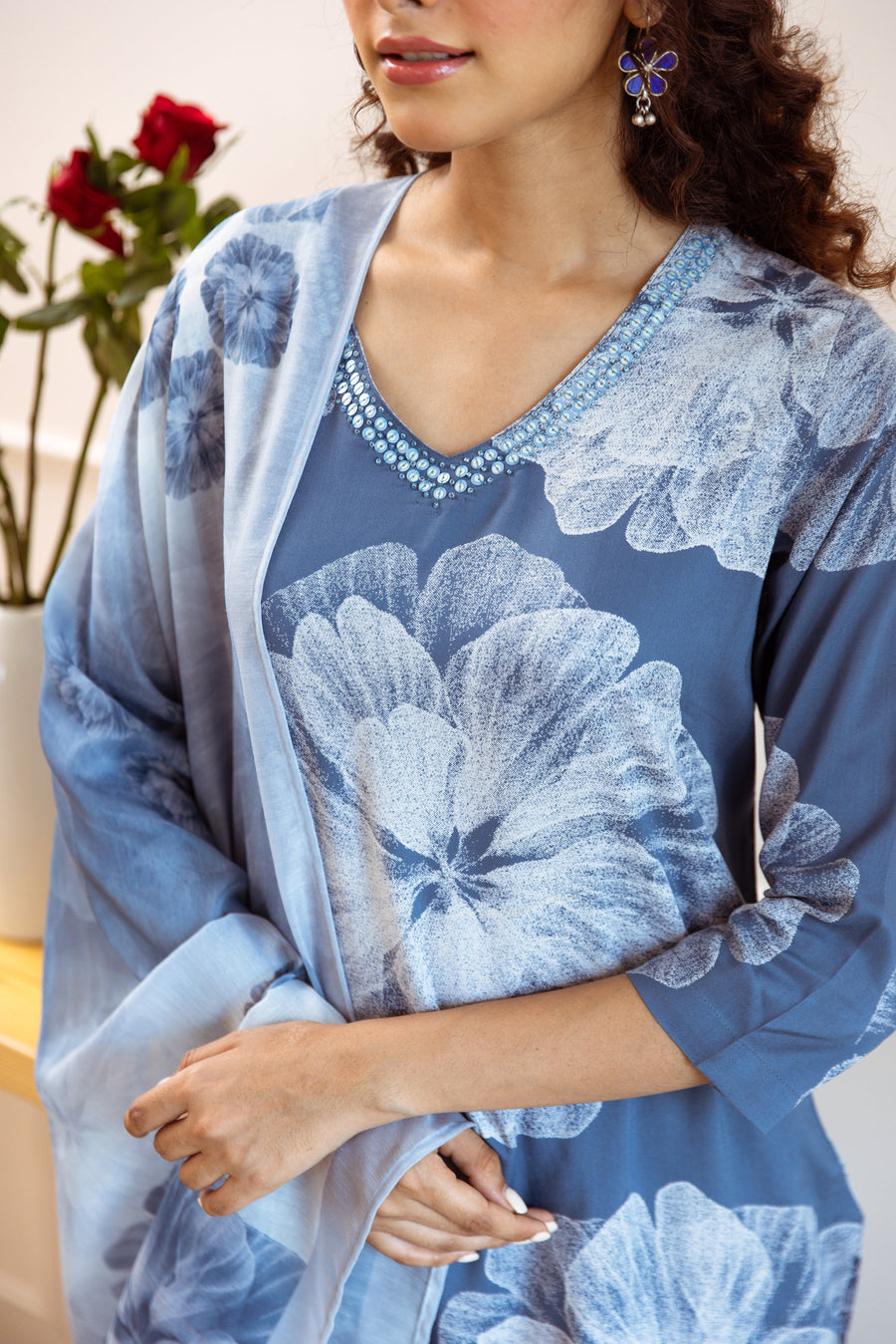 Women's Air Force Blue Rayon Kurta, Palazzo & Dupatta Set - Shop authentic Indian Women's Fashion by Nehamta